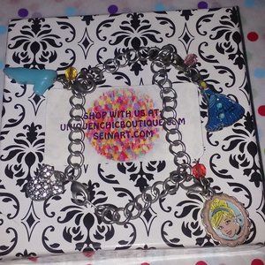 DISNEY CINDERELLA + MICKEY MOUSE ENAMEL/CRYSTAL CHARMS SILVER-TONE BRACELET